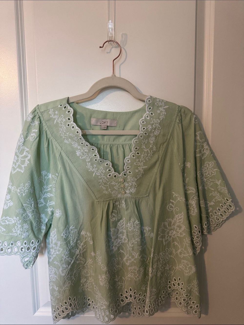LOFT Light Sage Green Embroidered Eyelet Blouse